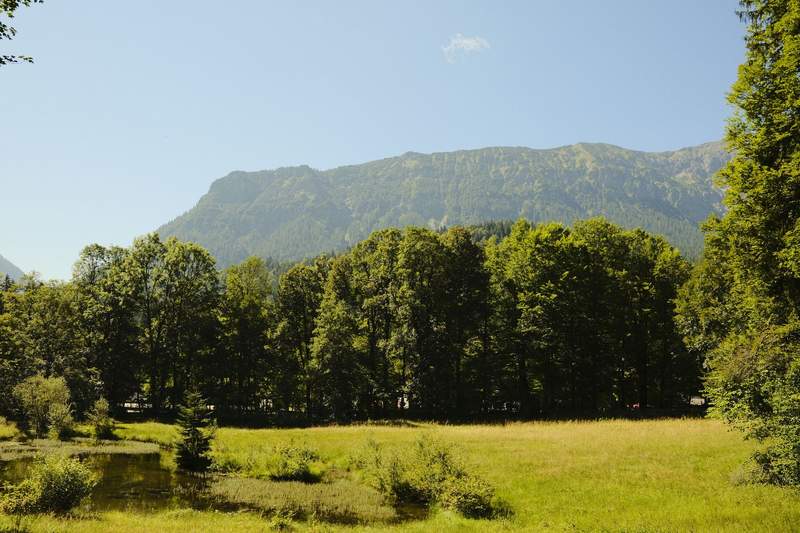 A green valley in the Bavarian Alps, with a village, a small lake, and steep rocky peaks.